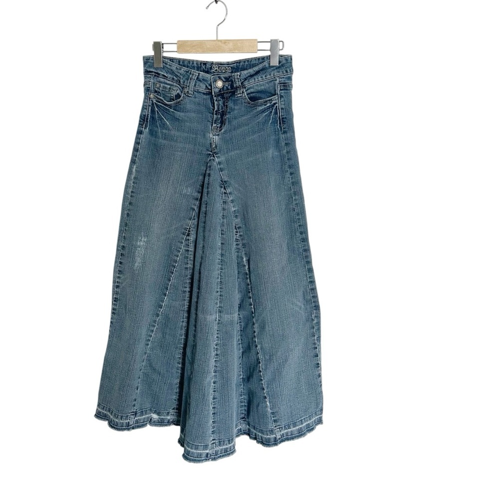 Early 2000s BONGO Denim Flare Maxi Skirt Size 1 Stretch Y2K Distressed Low Rise
